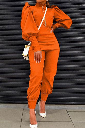 Black Women Fashion Solid Color Puff Sleeve Zipper High Waist Pants Sets MR2120-2