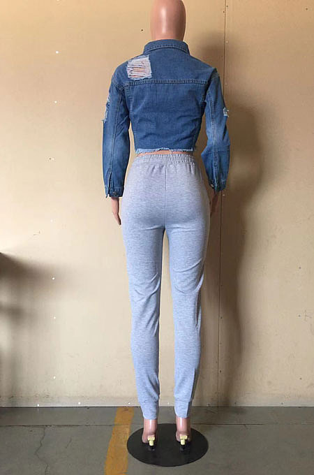 Drak Blue Autumn Winter Cute Casual Long Sleeve Hole Jean Coat D8455