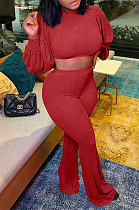 Wine Red Autumn Winter Woolen Knitting Lantern Sleeve Round Neck Crop Tops High Waist Flare Pants Sollid Color Sets LML270-3
