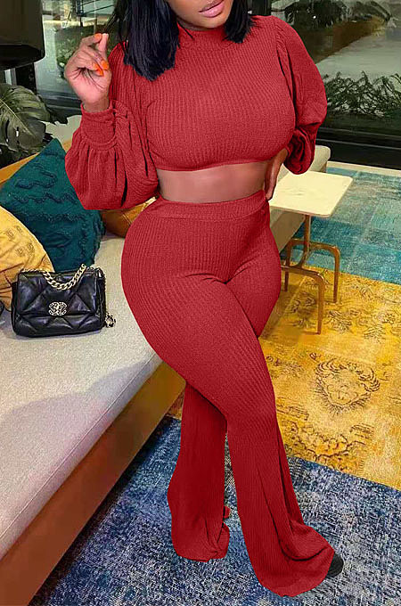 Wine Red Autumn Winter Woolen Knitting Lantern Sleeve Round Neck Crop Tops High Waist Flare Pants Sollid Color Sets LML270-3