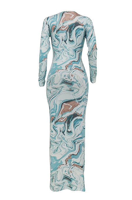 Black Women Long Sleeve Fashion Printing Bandage Hollow Out Skinny Bodycon Long Dress HZF57819-2