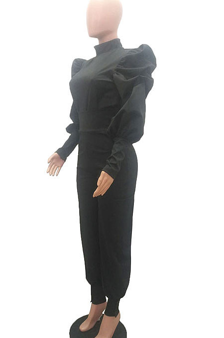 Rose Red Women Trendy Pure Color Puff Sleeve Pullover High Waist Pants Sets MR2121-3