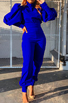Blue Women Trendy Pure Color Puff Sleeve Pullover High Waist Pants Sets MR2121-4
