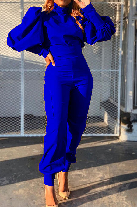 Blue Women Trendy Pure Color Puff Sleeve Pullover High Waist Pants Sets MR2121-4