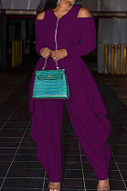 Purple Modest  Newest Long Sleeve Off Shoulder Zip Front Loose Solid Color Jumpsuits AMX6057-7
