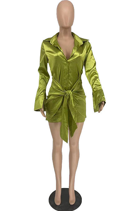 Green Simple Long Sleeve Lapel Neck Single-Breasted Solid Color Shirt Dress AMX6055