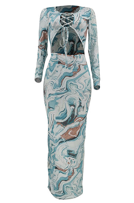 Light Blue Women Long Sleeve Fashion Printing Bandage Hollow Out Skinny Bodycon Long Dress HZF57819-1