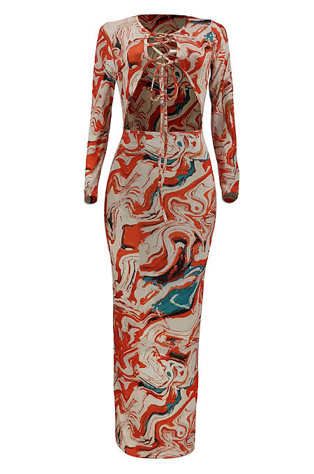 Multicolor Women Long Sleeve Fashion Printing Bandage Hollow Out Skinny Bodycon Long Dress HZF57819-3