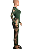 Black Women Sexy Pure Color Long Sleeve Hollow Out Mid Waist Round Collar Long Dress NYP013-1