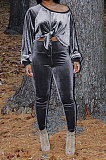 Rose Red Women Long Sleeve Round Collar Korea Velvet Solid Color Sexy Long Pants Sets MR2123-4