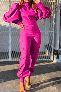 Rose Red Women Trendy Pure Color Puff Sleeve Pullover High Waist Pants Sets MR2121-3