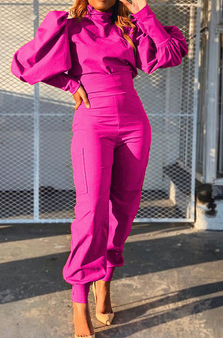 Rose Red Women Trendy Pure Color Puff Sleeve Pullover High Waist Pants Sets MR2121-3