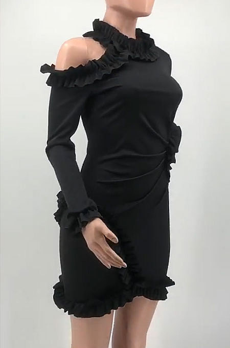 Pink Wholesale Sexy Ruffle Side  Long Sleeve Off Shoulder Slim Fitting Mini Dress KY3095-1