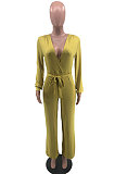 Green Sexy Simple Long Sleeve V Neck Bandage Wide Leg Jumpsuits HMR6055