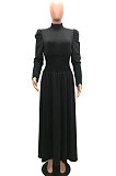 Pink Women Fashion Casual Tight Solid Color High Collar Pullover Collect Waist Puff Sleeve Long Dress MR2124-2