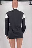 Brown Casual Webbing Spliced Letter Print Long Sleeve Cardigan Baseball Jacket HG138-1