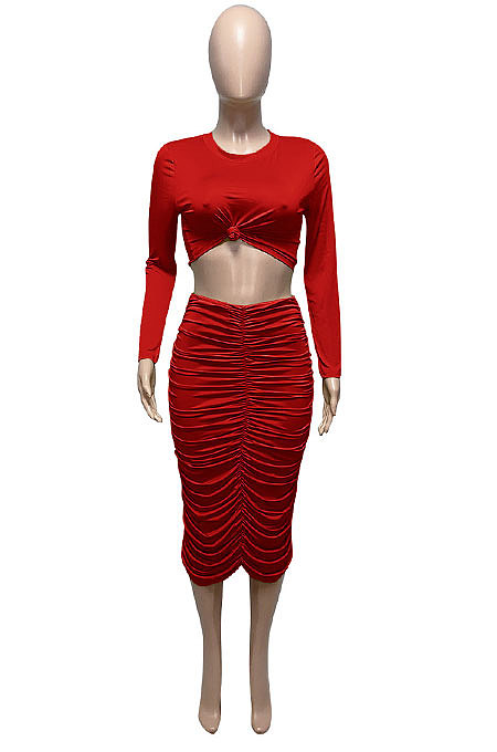 Light Blue Euramerican Women Autumn Bodycon Tops Solid Color Ruffle Hip Sexy Skirts Sets Q960-4