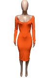 Pink Euramerican Women Autumn Winter V Collar Off Shoulder Solid Color Ribber Bodycon Sexy Long Dress Q951-3