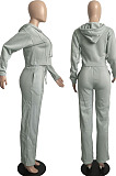 Gray Casual Sport Long Sleeve Hoodie Wide Leg Pants Solid Color Loose Sets FH173-1