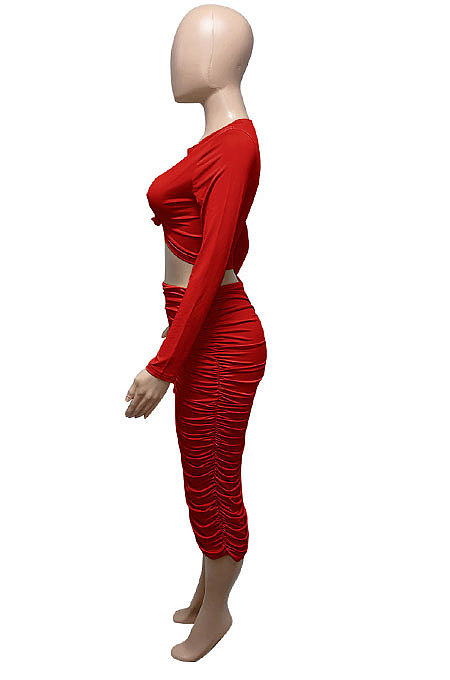 Green Euramerican Women Autumn Bodycon Tops Solid Color Ruffle Hip Sexy Skirts Sets Q960-5
