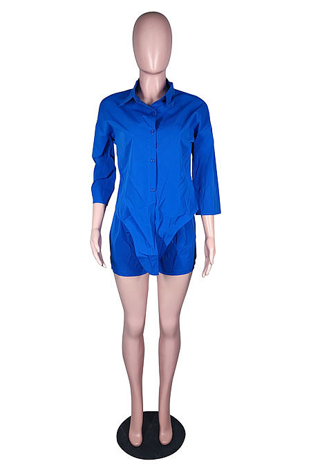 Blue  Modest Pure Color Long Sleeve Lapel Neck Single-Breasted Shirts Shorts Sets N9304-2