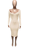 Red Euramerican Women Autumn Winter V Collar Off Shoulder Solid Color Ribber Bodycon Sexy Long Dress Q951-5