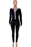 Black Wholesale Women Spliced Long Sleeve Lapel Neck Collect Waist Bodycon Jumpsuits HG137-1
