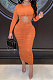 Orange Euramerican Women Autumn Bodycon Tops Solid Color Ruffle Hip Sexy Skirts Sets Q960-1
