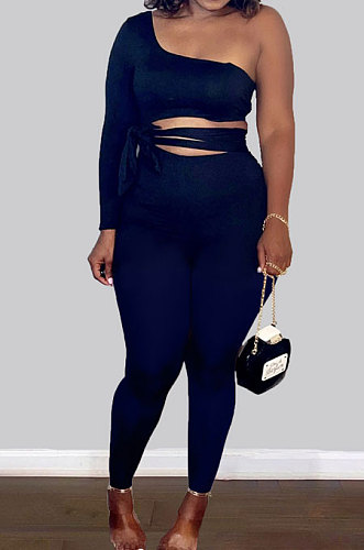 White Sexy Simple Single Sleeve Bandage Crop Tops Pencil Pants Slim Fitting Sets KY3099-2