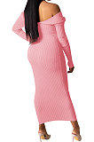 Light Blue Euramerican Women Autumn Winter V Collar Off Shoulder Solid Color Ribber Bodycon Sexy Long Dress Q951-6