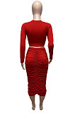 Green Euramerican Women Autumn Bodycon Tops Solid Color Ruffle Hip Sexy Skirts Sets Q960-5
