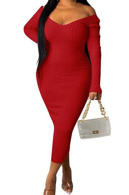 Red Euramerican Women Autumn Winter V Collar Off Shoulder Solid Color Ribber Bodycon Sexy Long Dress Q951-5