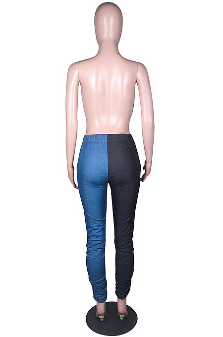 Blue Black Casual Spliced Drawsting Ruffle Jean Pants N9302