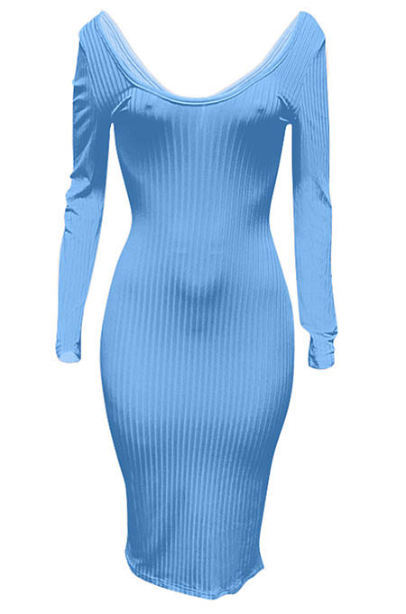 Orange Euramerican Women Autumn Winter V Collar Off Shoulder Solid Color Ribber Bodycon Sexy Long Dress Q951-4