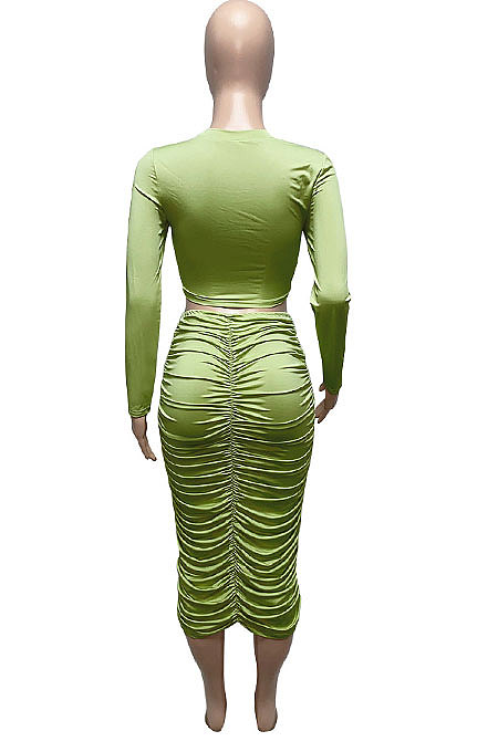 Orange Euramerican Women Autumn Bodycon Tops Solid Color Ruffle Hip Sexy Skirts Sets Q960-1
