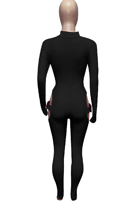 Pink Women Sexy Club Wear Buckle Pure Color Zipper Bodycon Jumpsuits Q955-2