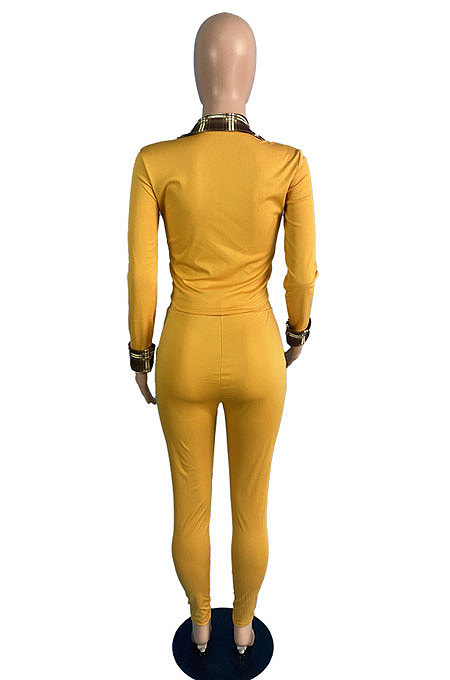 Yellow Cotton Blend Casual Long Sleeve Lapel Neck Zipper Tops Capris Pants Sport Sets MK061-2