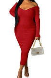 Blue Euramerican Women Autumn Winter V Collar Off Shoulder Solid Color Ribber Bodycon Sexy Long Dress Q951-8