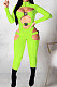 Neon Green Women Sexy Club Wear Buckle Pure Color Zipper Bodycon Jumpsuits Q955-6