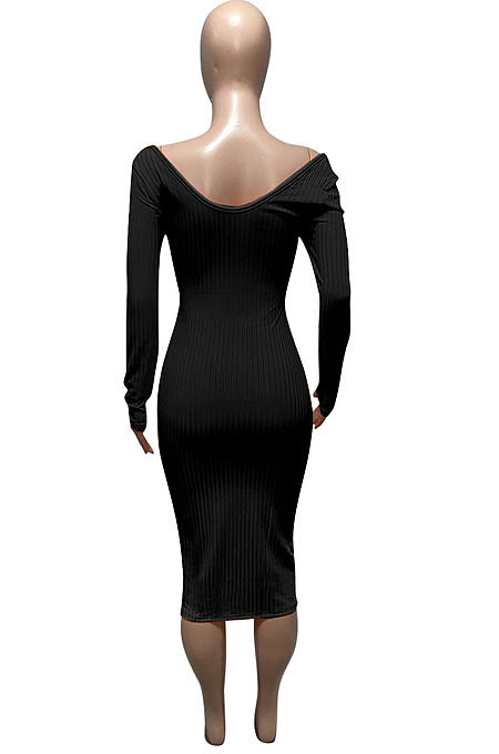 Light Blue Euramerican Women Autumn Winter V Collar Off Shoulder Solid Color Ribber Bodycon Sexy Long Dress Q951-6