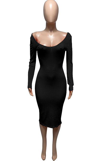 Blue Euramerican Women Autumn Winter V Collar Off Shoulder Solid Color Ribber Bodycon Sexy Long Dress Q951-8
