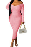 Coffee Euramerican Women Autumn Winter V Collar Off Shoulder Solid Color Ribber Bodycon Sexy Long Dress Q951-9
