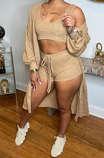 Khaki Autumn Winter Ribber Long Sleeve Cardigan Coat+Tank Shorts Three Piece N9303-4