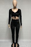 Blue Women Korea Velvet Ruffle Drawsting Sexy V Collar Pure Color Crop Pants Sets XQ1147-4