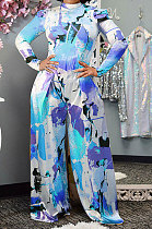 Cyan Blue Women Autumn Winter Long Sleeve T Shirts Wide Leg Pants Printing Pants Sets RMH8944-5