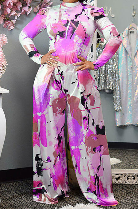Orange Women Autumn Winter Long Sleeve T Shirts Wide Leg Pants Printing Pants Sets RMH8944-1