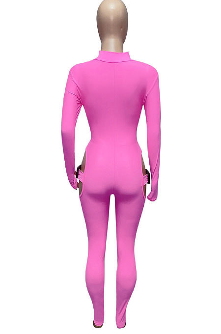Rose Red Women Sexy Club Wear Buckle Pure Color Zipper Bodycon Jumpsuits Q955-5