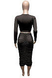 Green Euramerican Women Autumn Bodycon Tops Solid Color Ruffle Hip Sexy Skirts Sets Q960-5