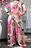 Red Women Autumn Winter Long Sleeve T Shirts Wide Leg Pants Printing Pants Sets RMH8944-3