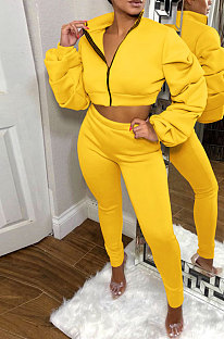 Yellow Autumn Winter Newest Ruffle Sleeve Zip Front Crop Tops Pencil Pants Sport Sets MD445-1